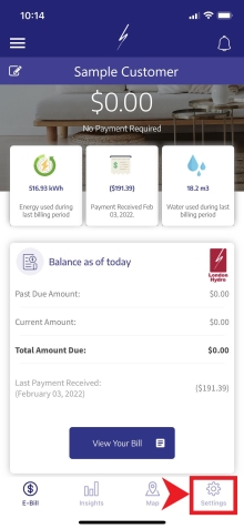 Settings Menu on LH App